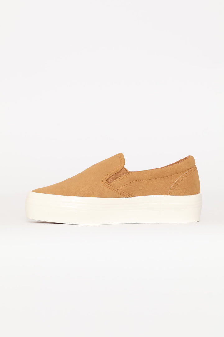 Plain Microfibre Platform Slip On Sneaker - Taupe