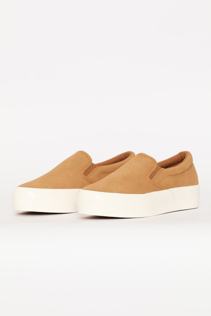 Plain Microfibre Platform Slip On Sneaker - Taupe