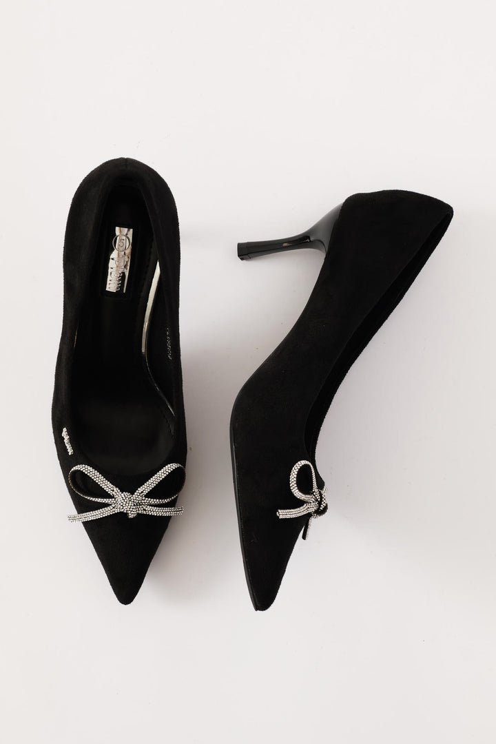 Mocksuede Diamante Bow Heel - Black