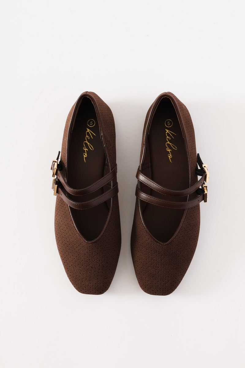 Double Strap Microfibre Lazer Cut Pump - Chocolate