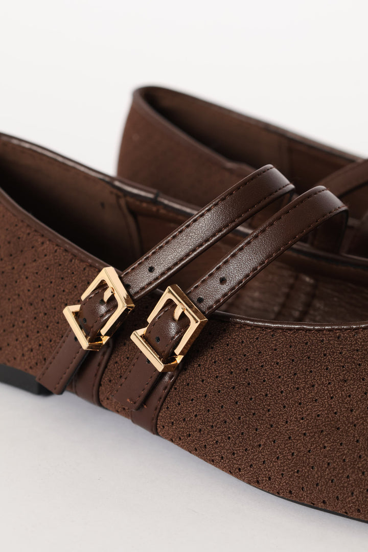 Double Strap Microfibre Lazer Cut Pump - Chocolate