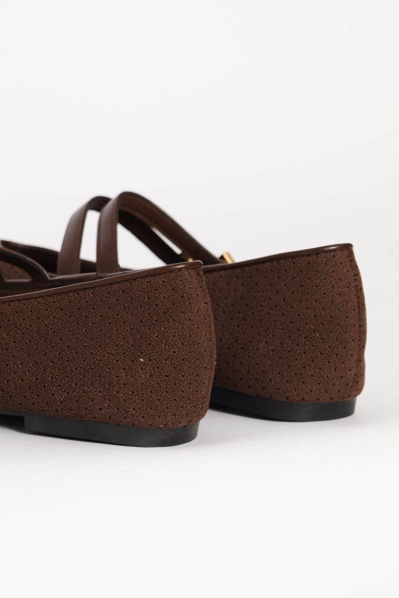 Double Strap Microfibre Lazer Cut Pump - Chocolate
