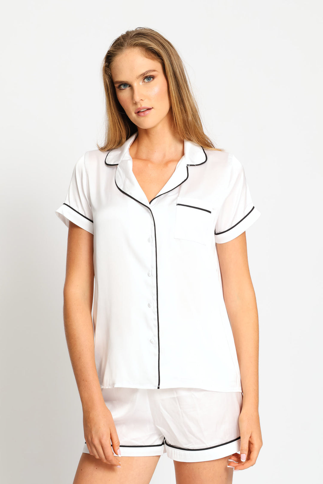 Short Sleeve Button Through & Satin Short Set - White