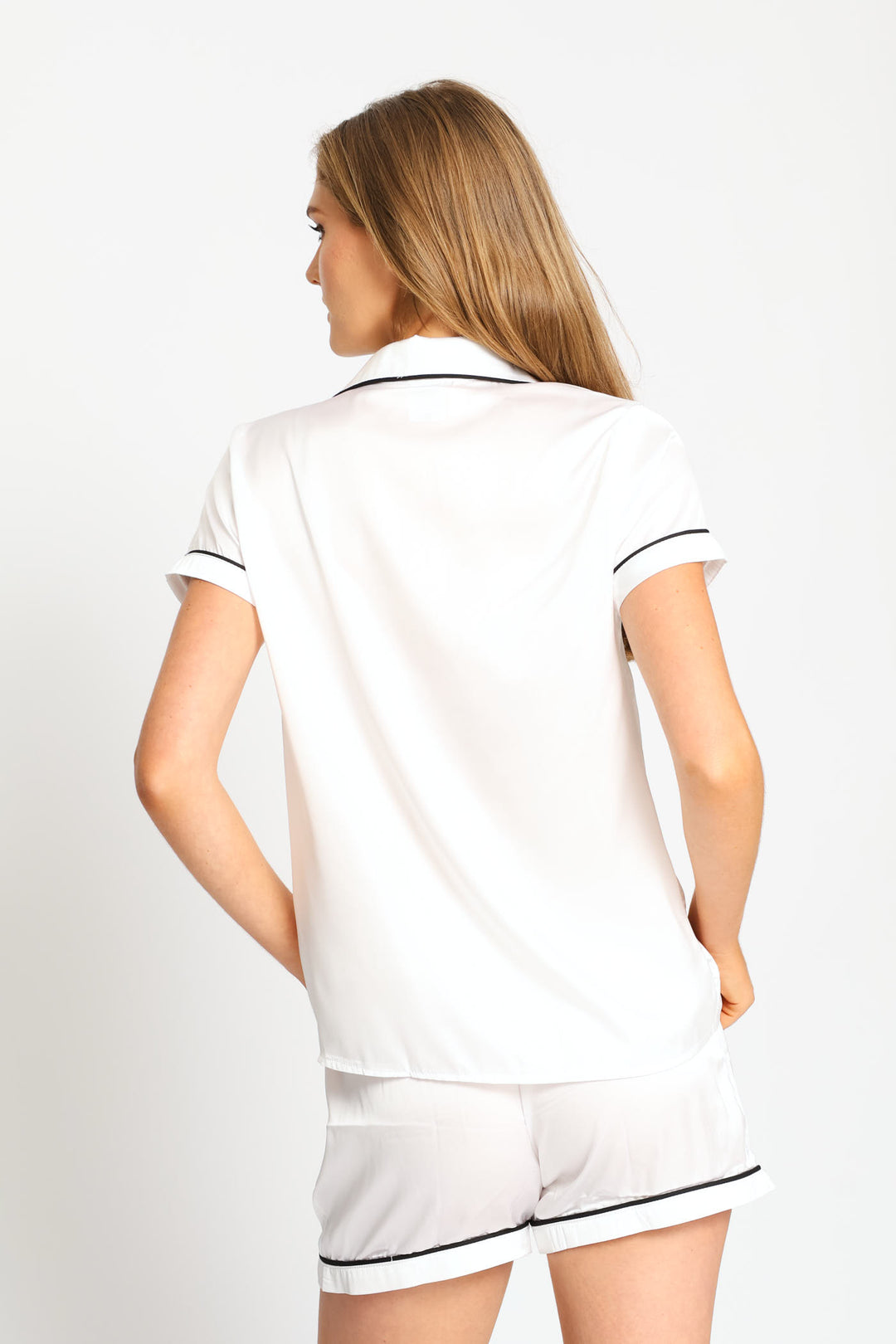 Short Sleeve Button Through & Satin Short Set - White