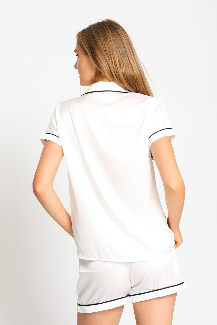 Short Sleeve Button Through & Satin Short Set - White