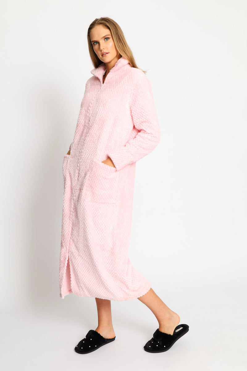 Zip Through Waffle Gown - Pink