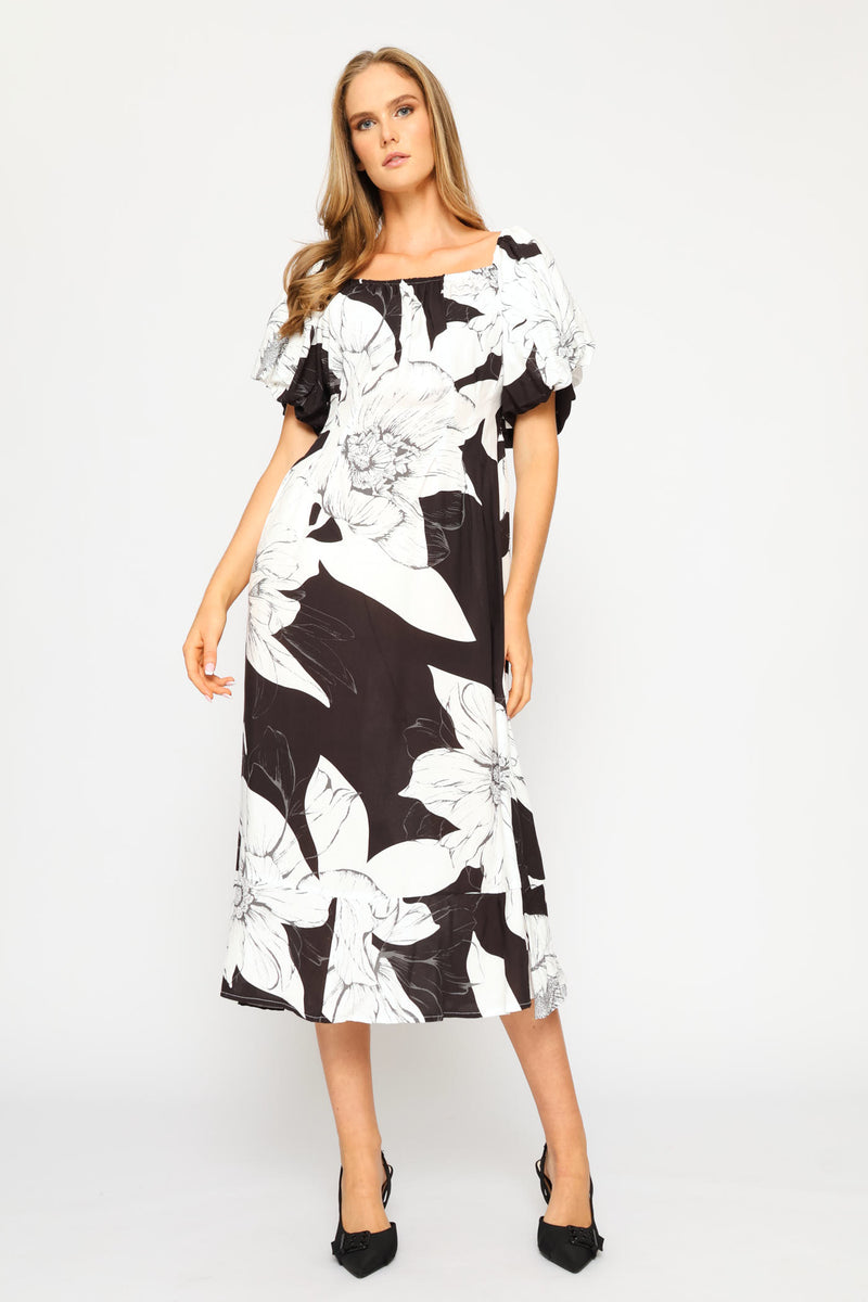 Bubble Sleeve Pintuck Detail Midaxi Dress - Black/White