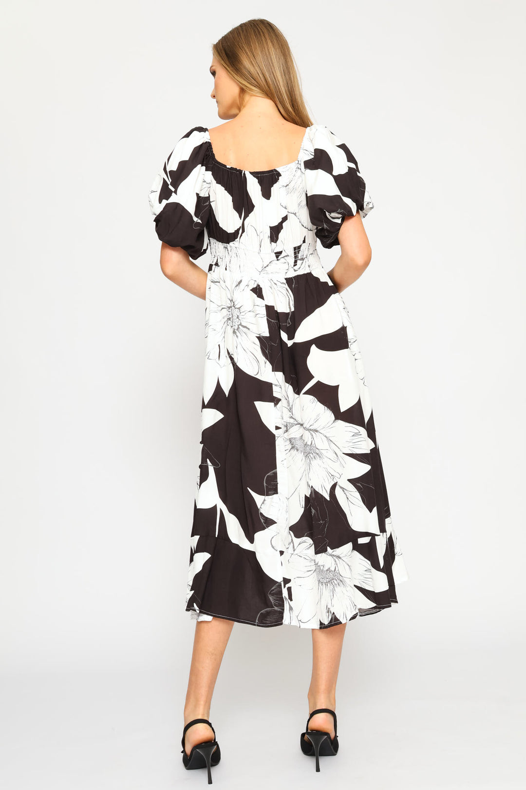 Bubble Sleeve Pintuck Detail Midaxi Dress - Black/White