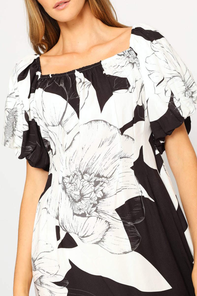 Bubble Sleeve Pintuck Detail Midaxi Dress - Black/White