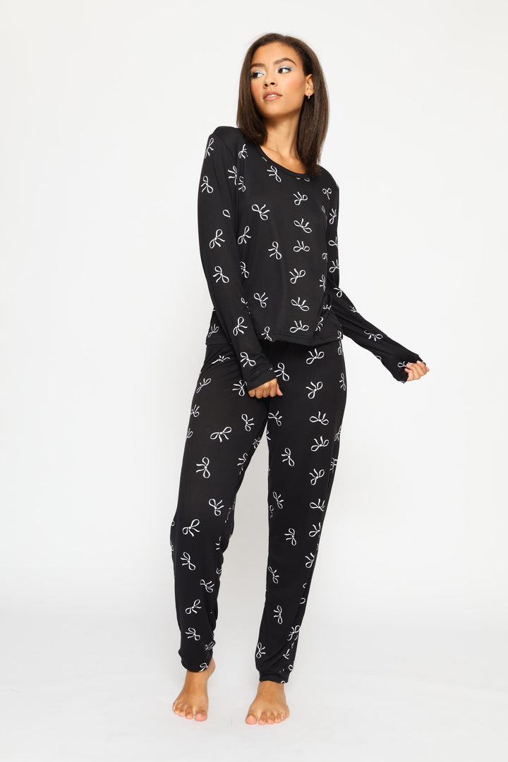 Long Sleeve Tee & Pant Bows Sleep Set - Black
