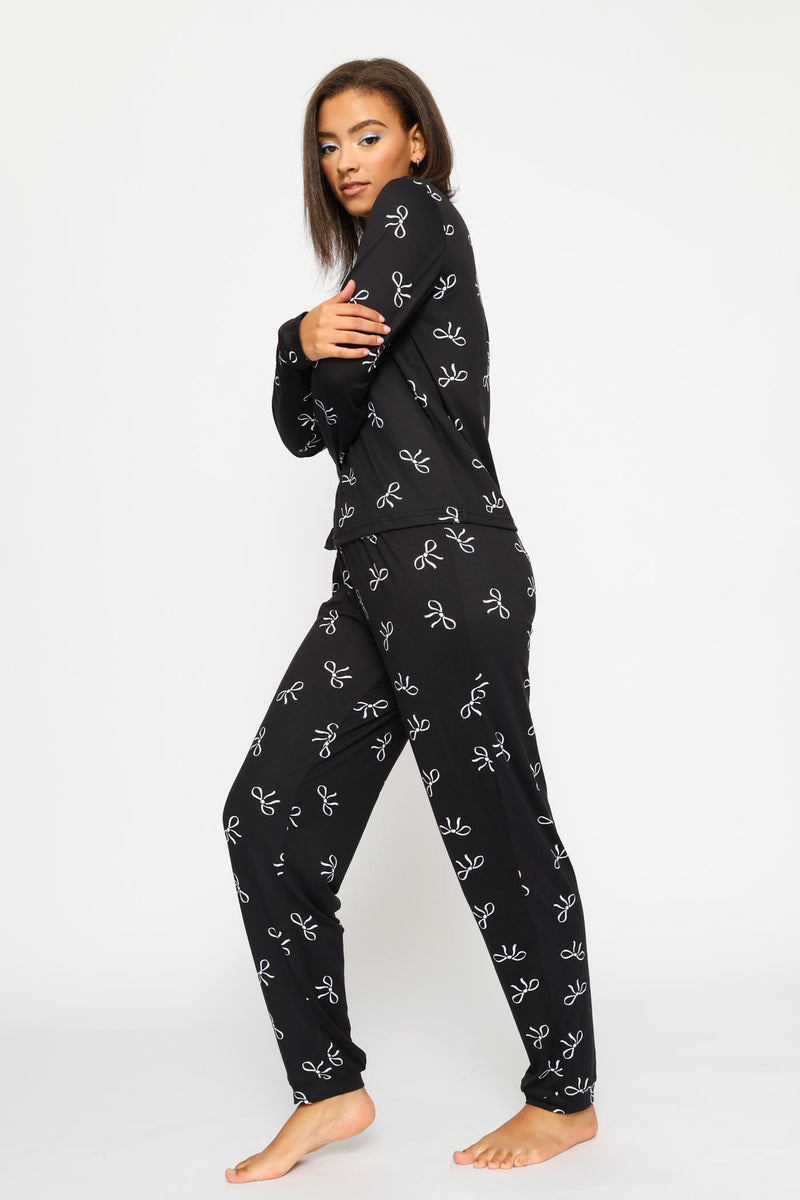 Long Sleeve Tee & Pant Bows Sleep Set - Black