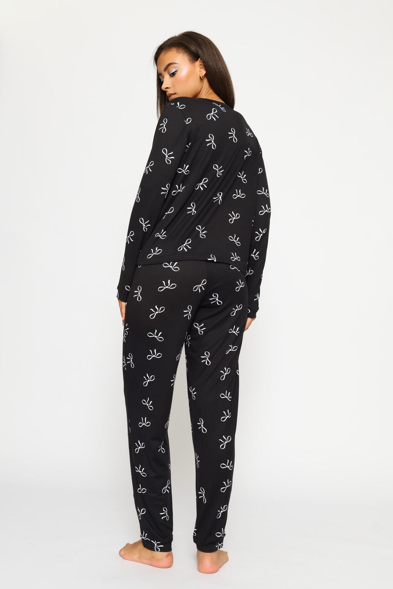 Long Sleeve Tee & Pant Bows Sleep Set - Black