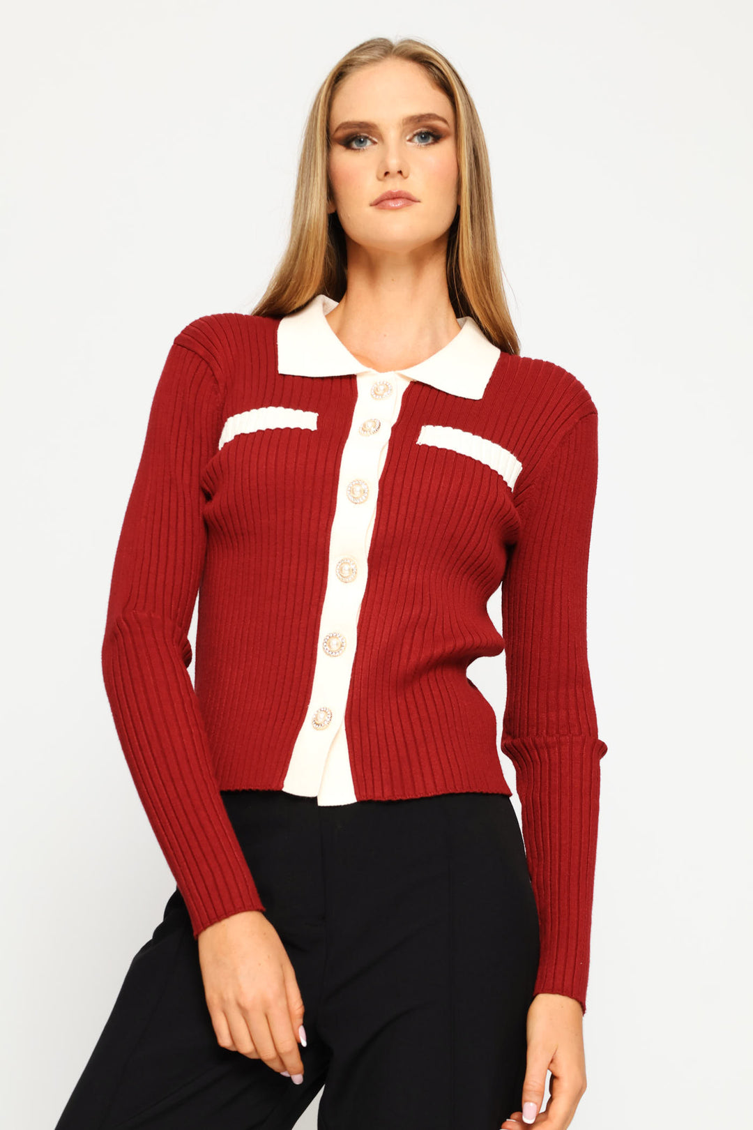 Contrast Preppy Ribbed Cardigan - Red