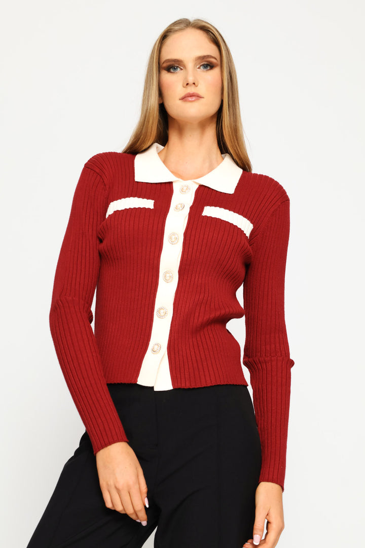 Contrast Preppy Ribbed Cardigan - Red