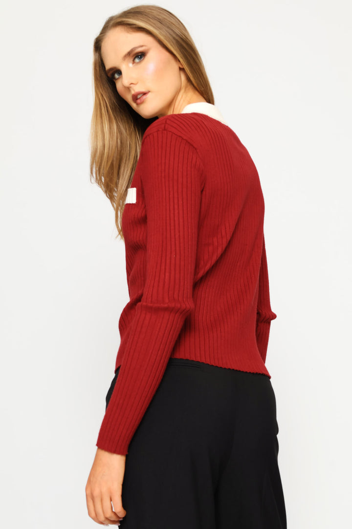 Contrast Preppy Ribbed Cardigan - Red