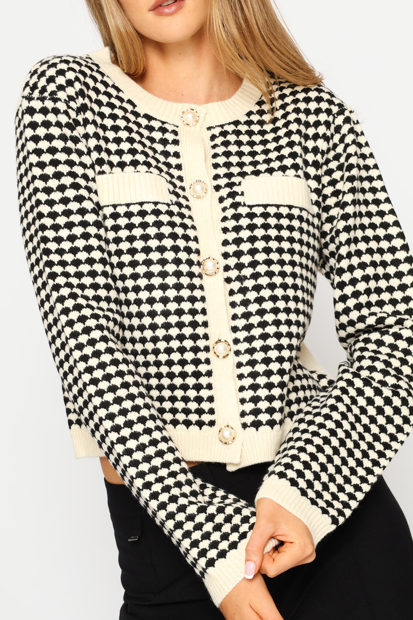 Ladies Pearl Textured Button Cardigan - Black/Cream – Edgars