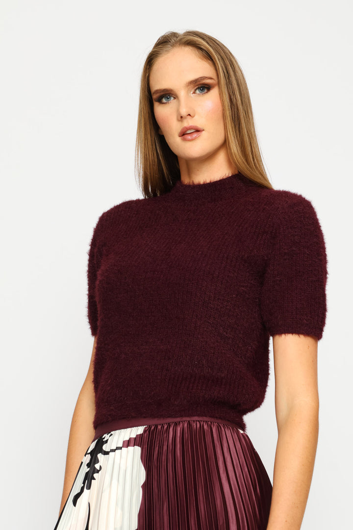 Short Sleeve Fluffy Pullover - Plum