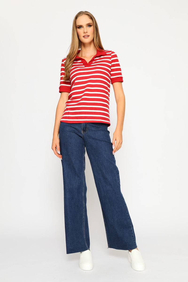 Johnny Collar Stripe Top - White/Red