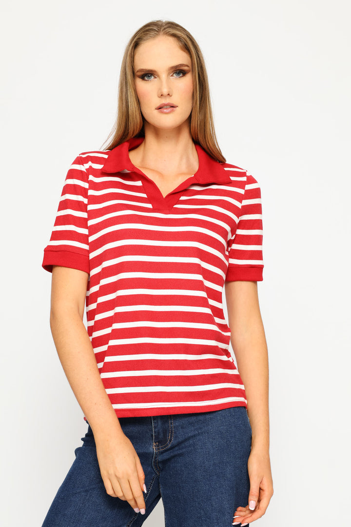 Johnny Collar Stripe Top - White/Red