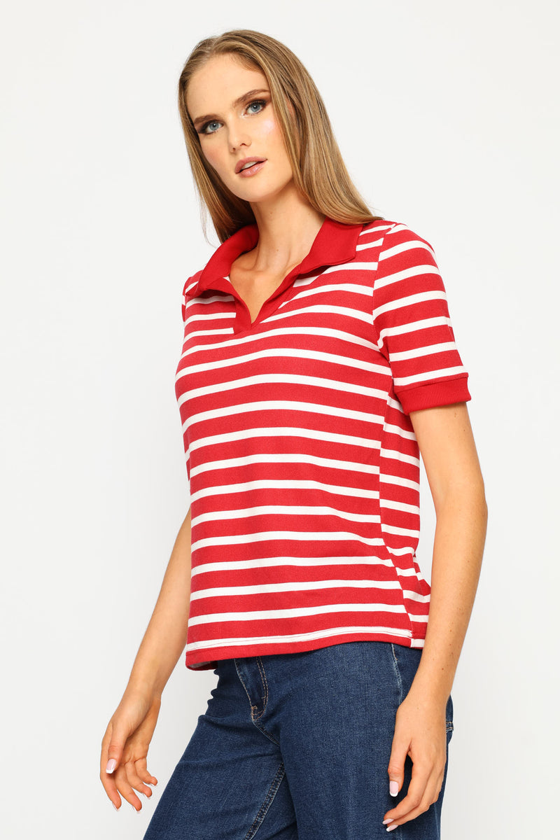 Johnny Collar Stripe Top - White/Red