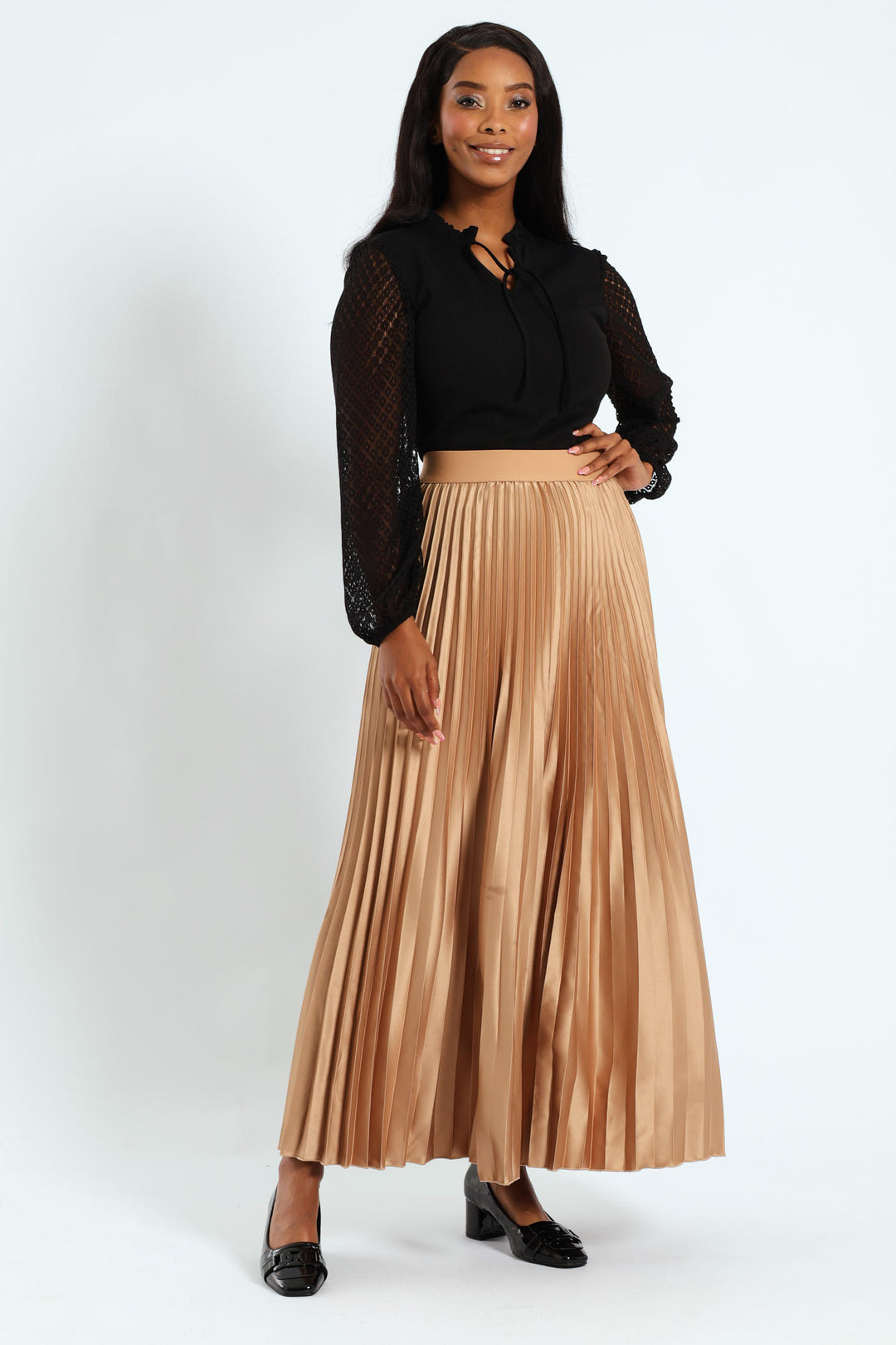 V-Neck Frill Knitwear Combo Blouse - Black