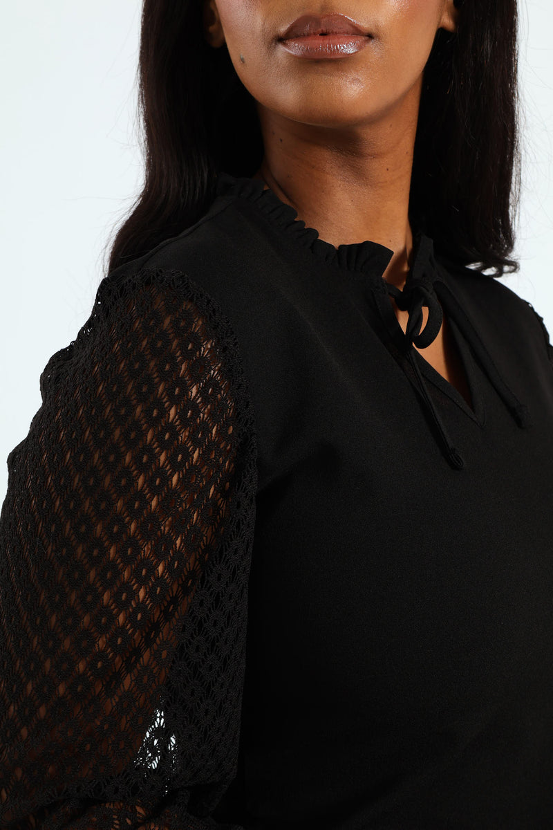 V-Neck Frill Knitwear Combo Blouse - Black