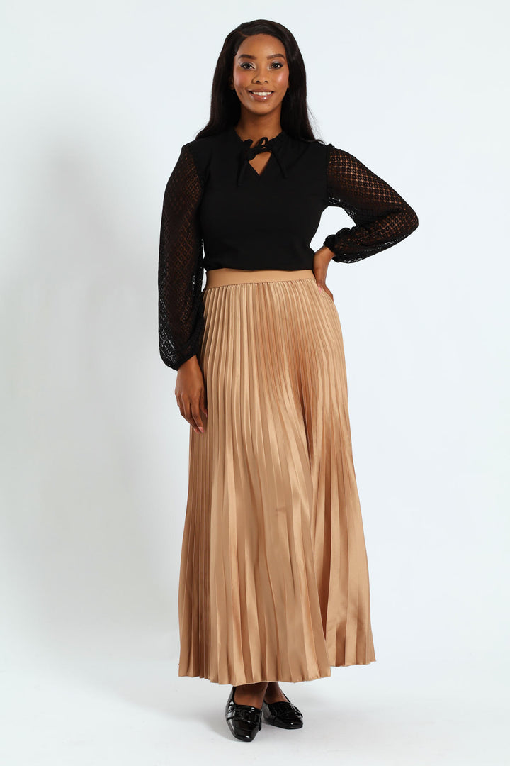 Pleated Satin Maxi Skirt - Taupe