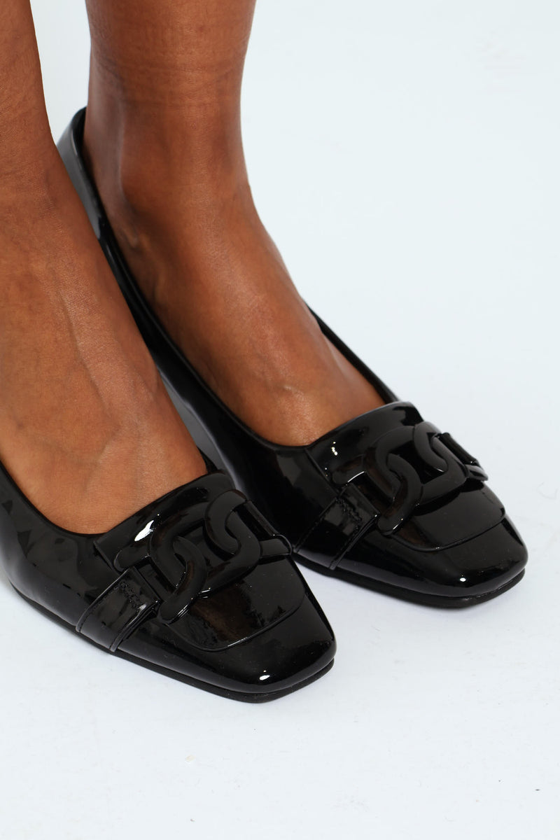 Self Colour Trim Patent Block Court Heel - Black