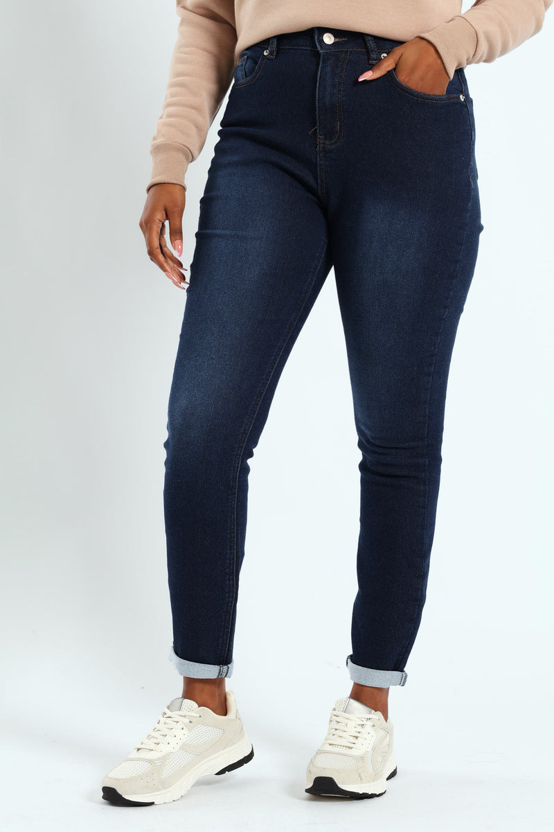 Roll Hem Knit Denim Skinny Leg Jean - Dark Wash
