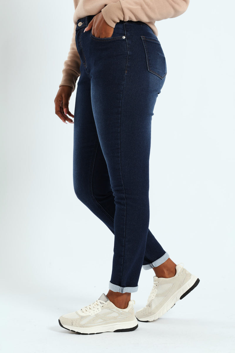 Roll Hem Knit Denim Skinny Leg Jean - Dark Wash