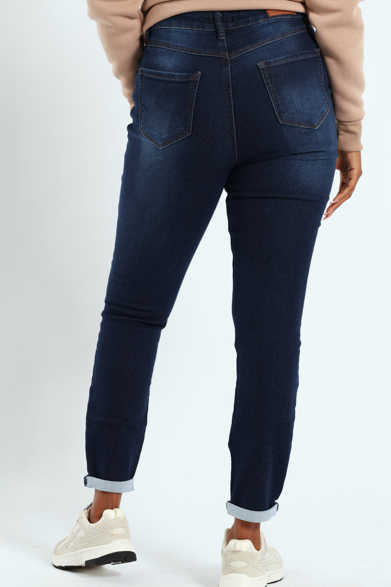 Roll Hem Knit Denim Skinny Leg Jean - Dark Wash