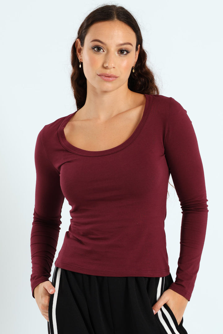 Long Sleeve Scoop Neck Basic Knit Top - Burgundy