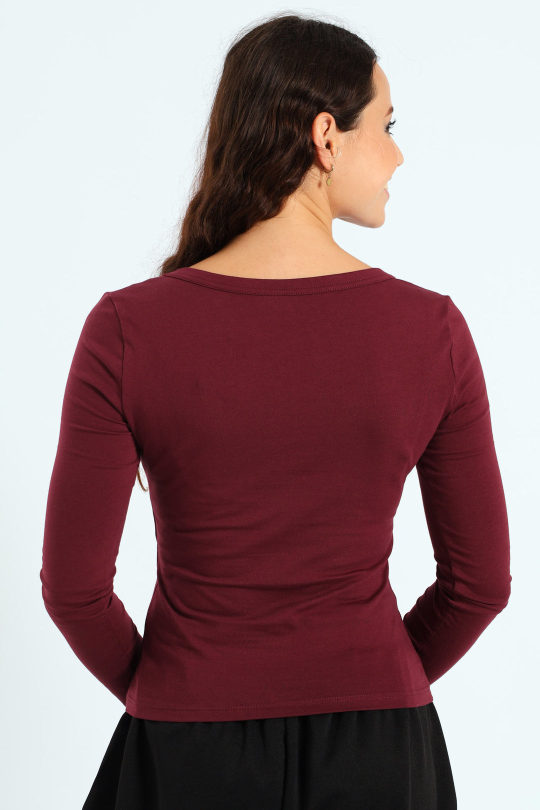 Long Sleeve Scoop Neck Basic Knit Top - Burgundy