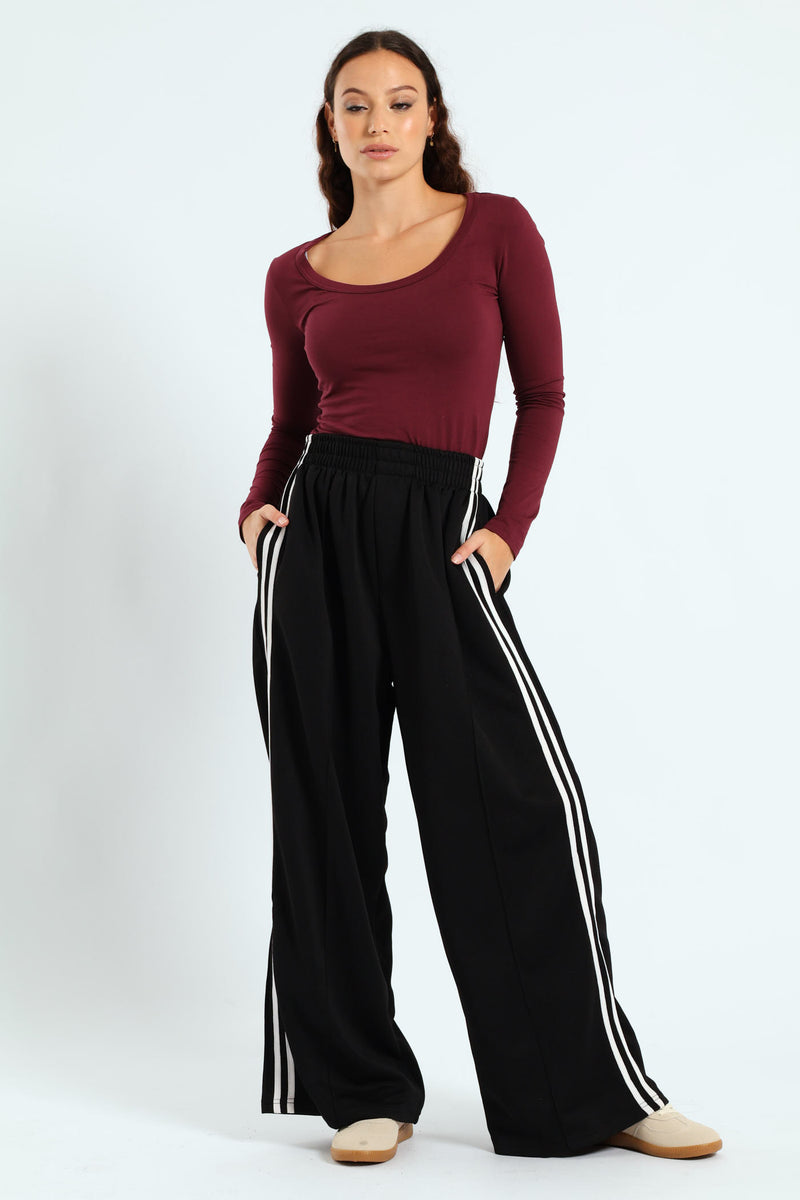 Stripe Tricot Wide Leg Trackpants - Black