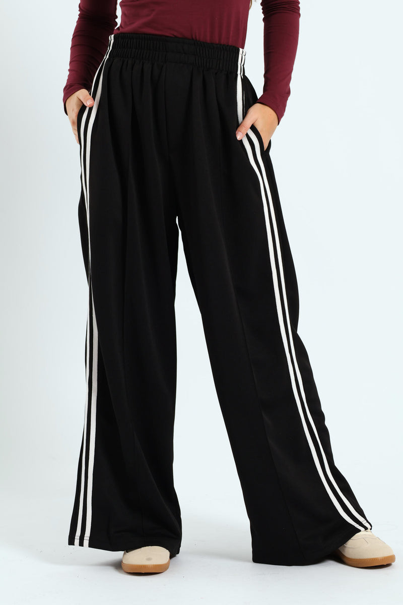 Stripe Tricot Wide Leg Trackpants - Black