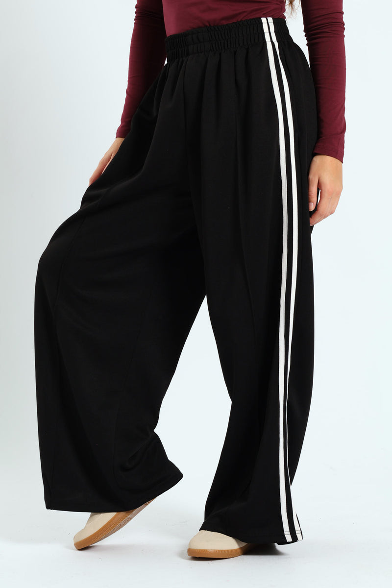 Stripe Tricot Wide Leg Trackpants - Black