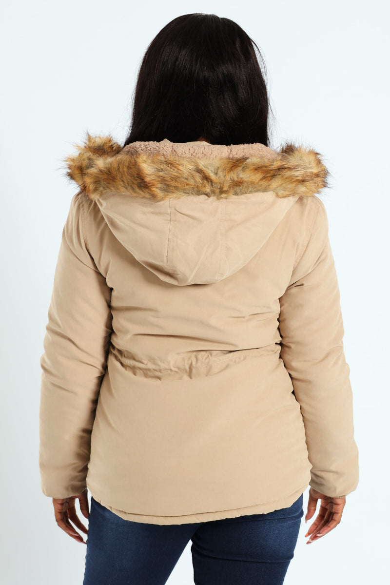 Fur Trim Parka With Utility Pockets & Detachable Hood - Dark Beige