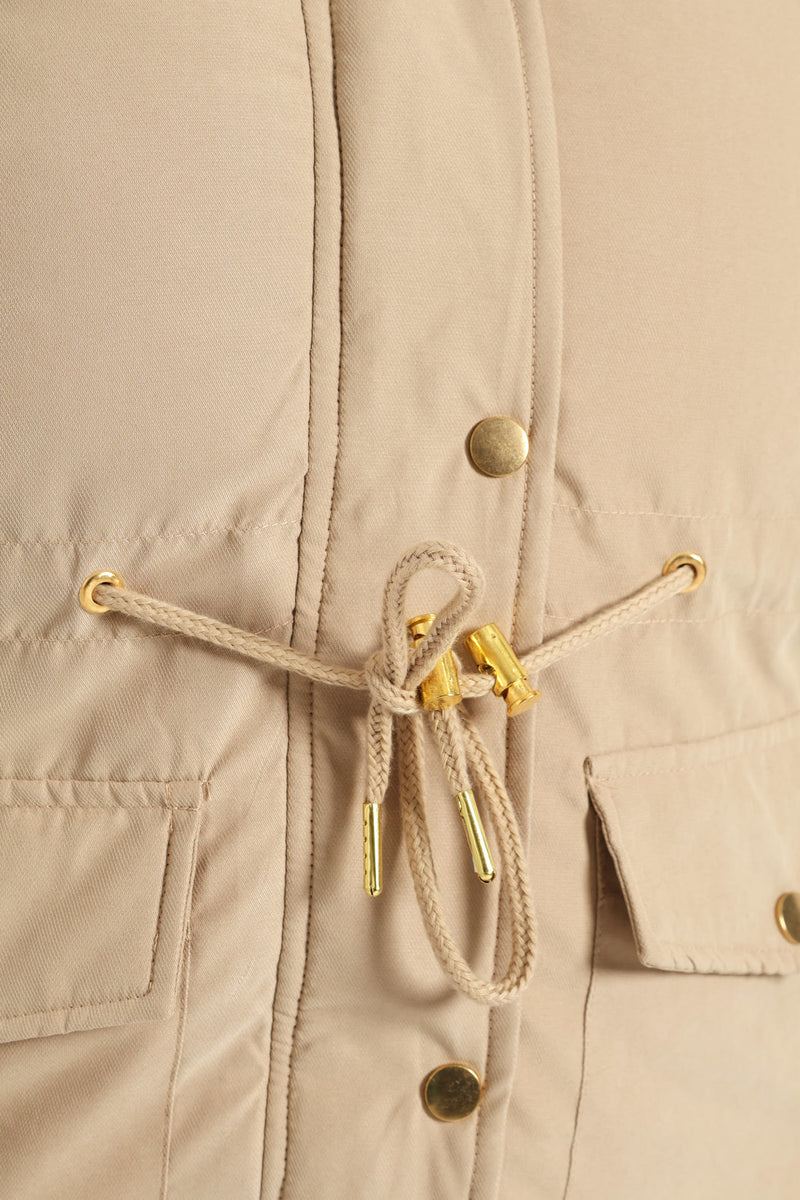 Fur Trim Parka With Utility Pockets & Detachable Hood - Dark Beige