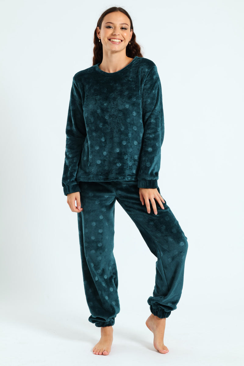 Velour Spot Embossed Long Sleeve Top & Pants Set - Dark Green