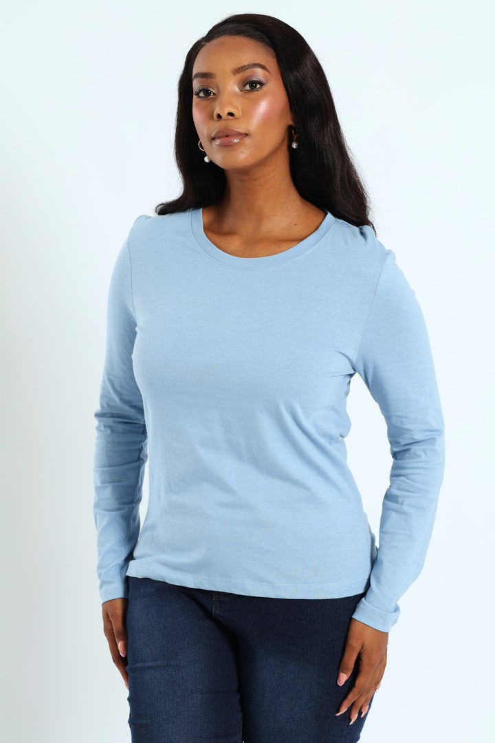 Long Sleeve Cotton Crew Top - Light Blue