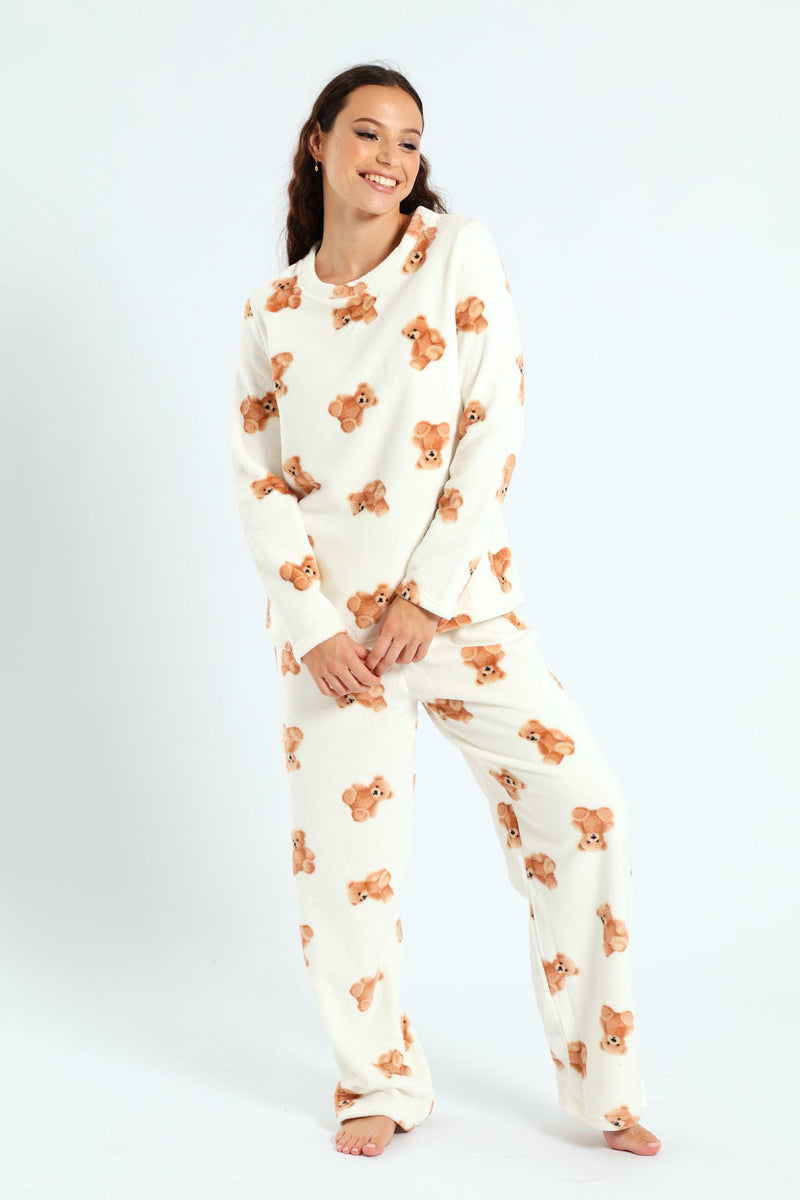 Long Sleeve Cosy Teddy Top & Pants Set - Cream