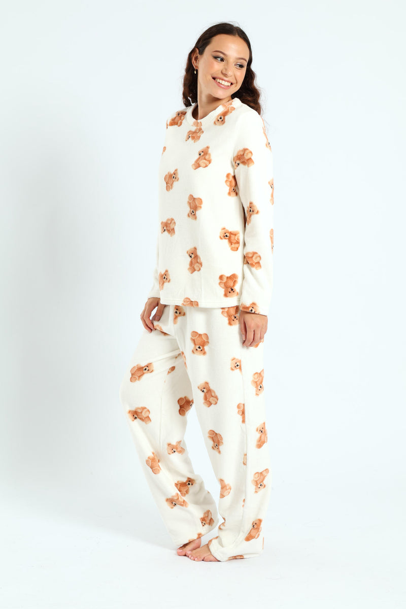 Long Sleeve Cosy Teddy Top & Pants Set - Cream