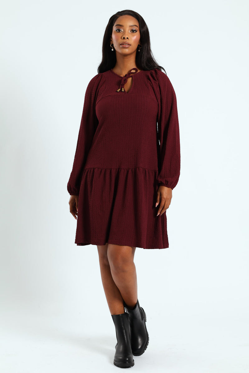 Frill Hem Crinkle Mini Dress With Neck Tie & Tassles - Plum Noir