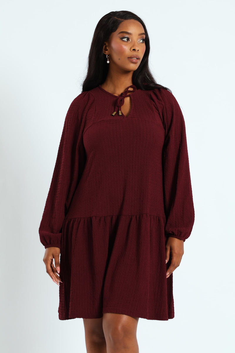 Frill Hem Crinkle Mini Dress With Neck Tie & Tassles - Plum Noir