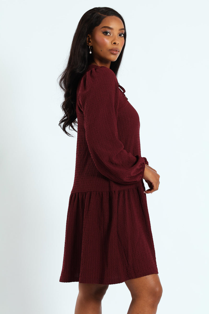 Frill Hem Crinkle Mini Dress With Neck Tie & Tassles - Plum Noir