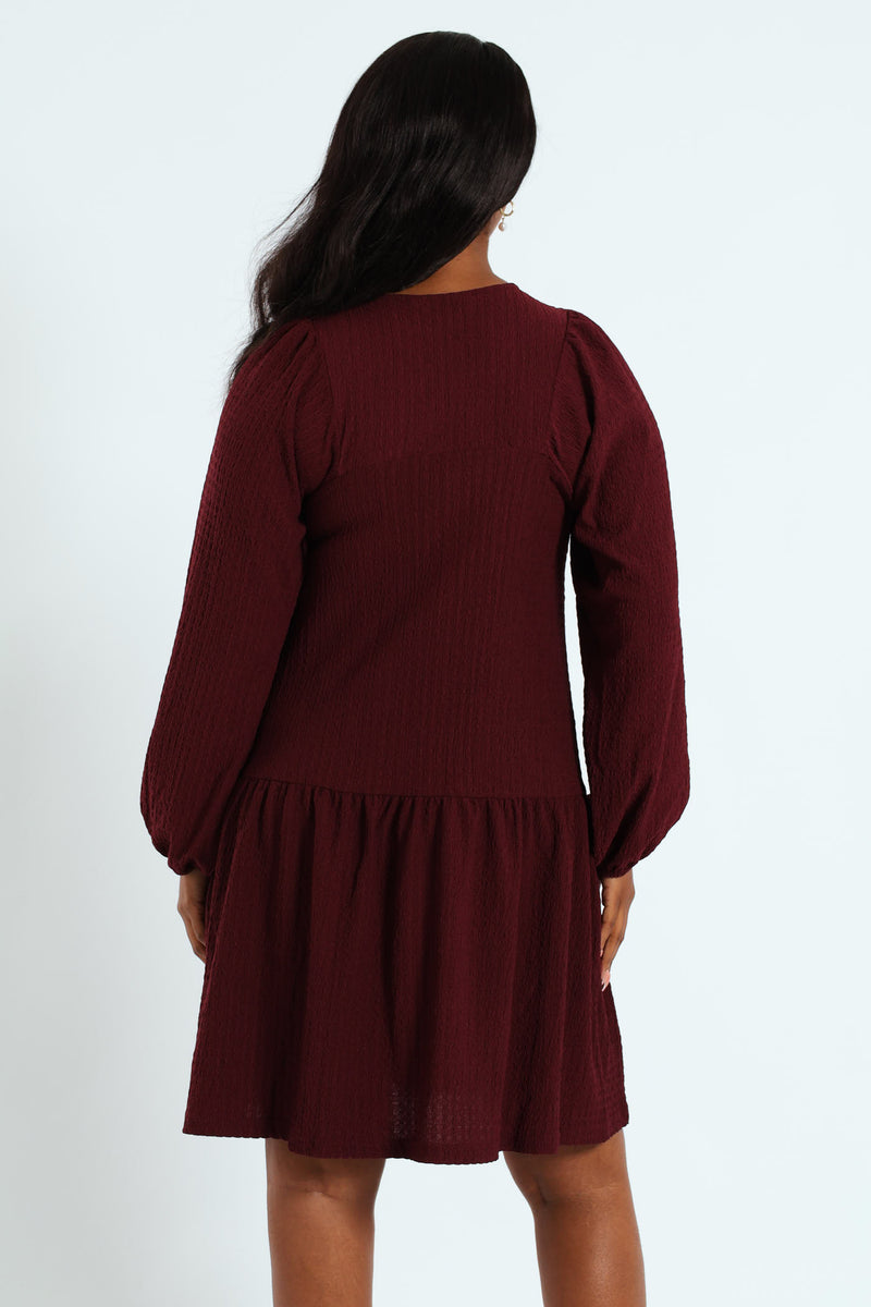 Frill Hem Crinkle Mini Dress With Neck Tie & Tassles - Plum Noir