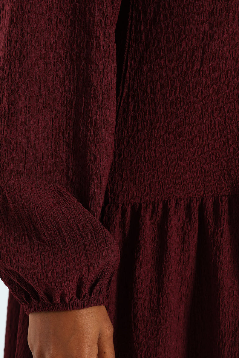 Frill Hem Crinkle Mini Dress With Neck Tie & Tassles - Plum Noir