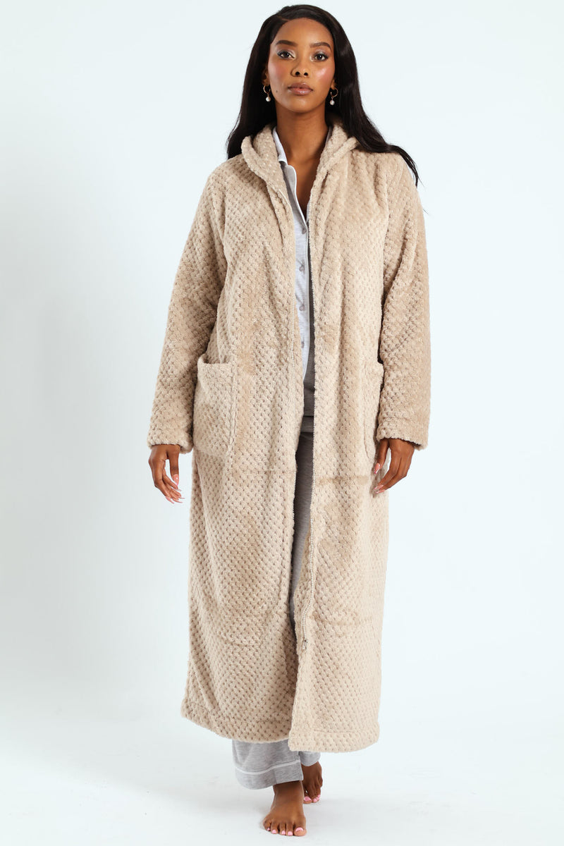 Ankle Length Zip Through Gown - Light Brown