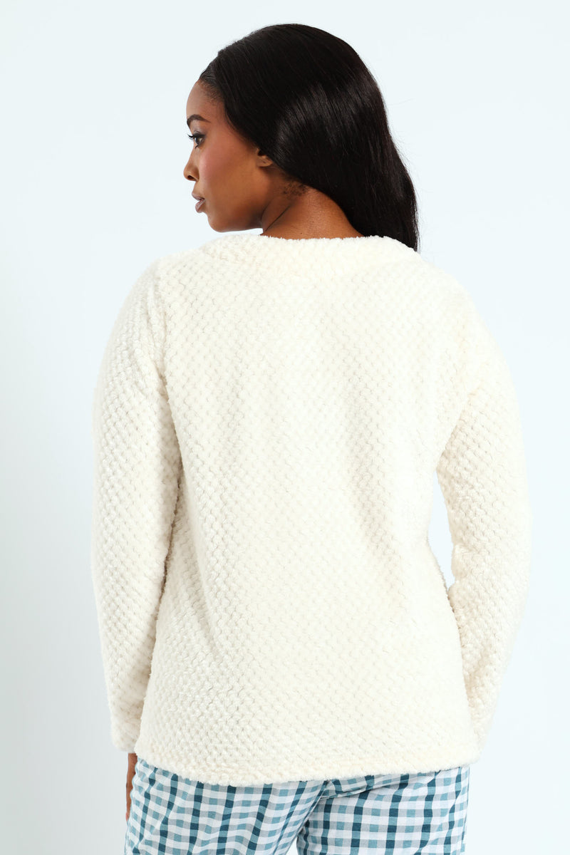 Fluffy Embroidered Long Day Pullover - White