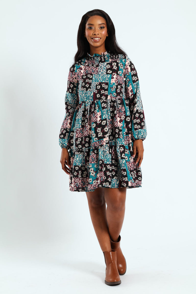 Long Sleeve Shirred Yoke Tiered Babydoll Mini Dress